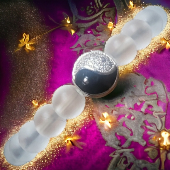 Opalite, Onyx & Aquamarine Handcrafted Beaded  Yin Yang Bracelet - Picture 5 of 11